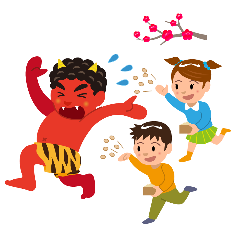 商用フリー・無料イラスト_2月_節分_赤鬼_豆まき_鬼は外_福は内_梅