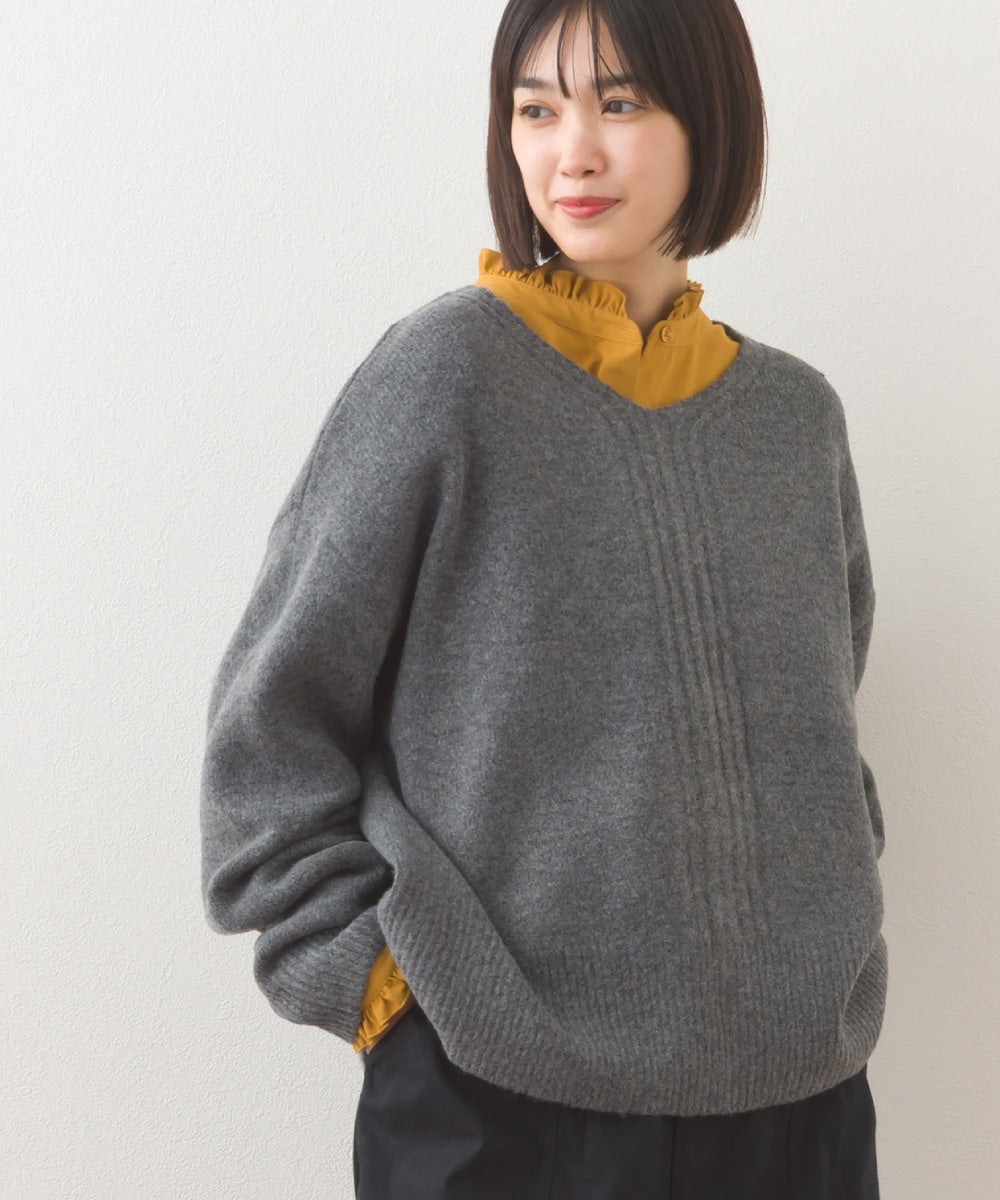 OMNES】メランジ Vネック オーバーシルエットニットプルオーバー