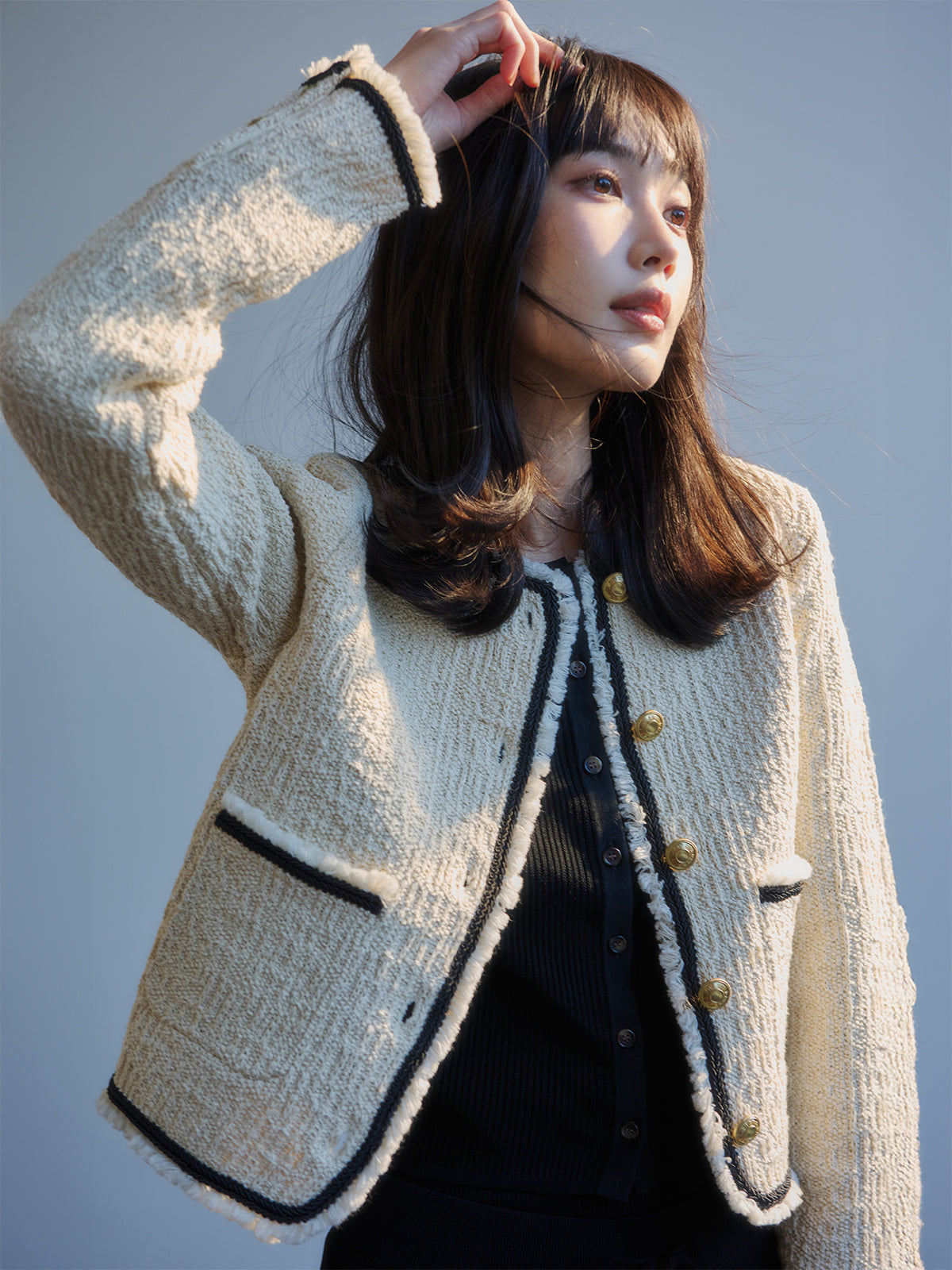 クラシカルノーカラーニットジャケット