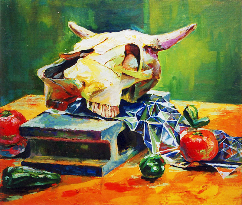 静物油彩 - 牛骨、トマト、ピーマン、アルミホイル、ブロック、布 [No