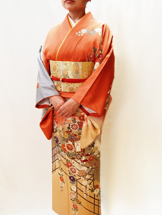 503正絹オレンジ花柄訪問着 - 呉服下村屋 レンタル着物アシスト