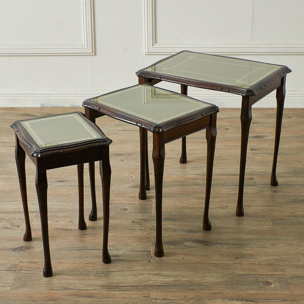 英国アンティーク ガラス天板 レザートップ ネストテーブル #35428