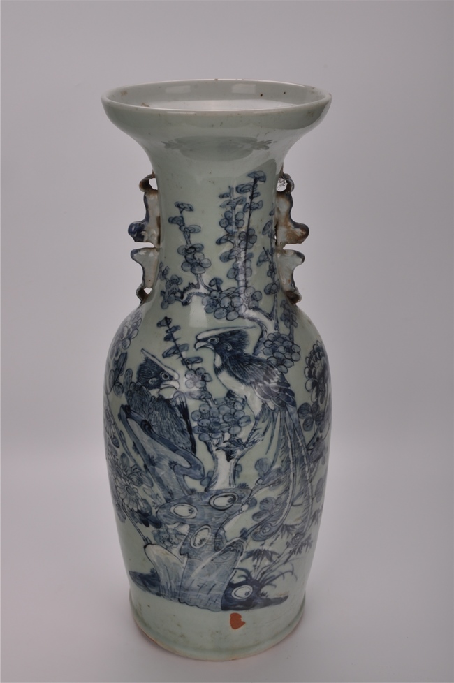 中国 清時代 天青釉雙耳瓶 木箱付 送料込み250520 中国 清時代 天青釉