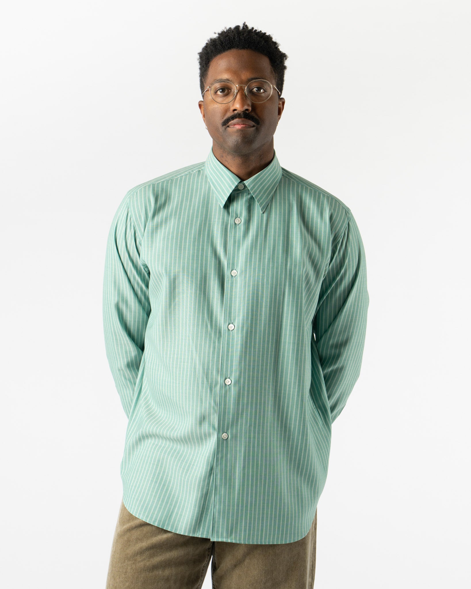 Auralee Super Fine Wool Stripe Shirt in Green Stripe Curated at