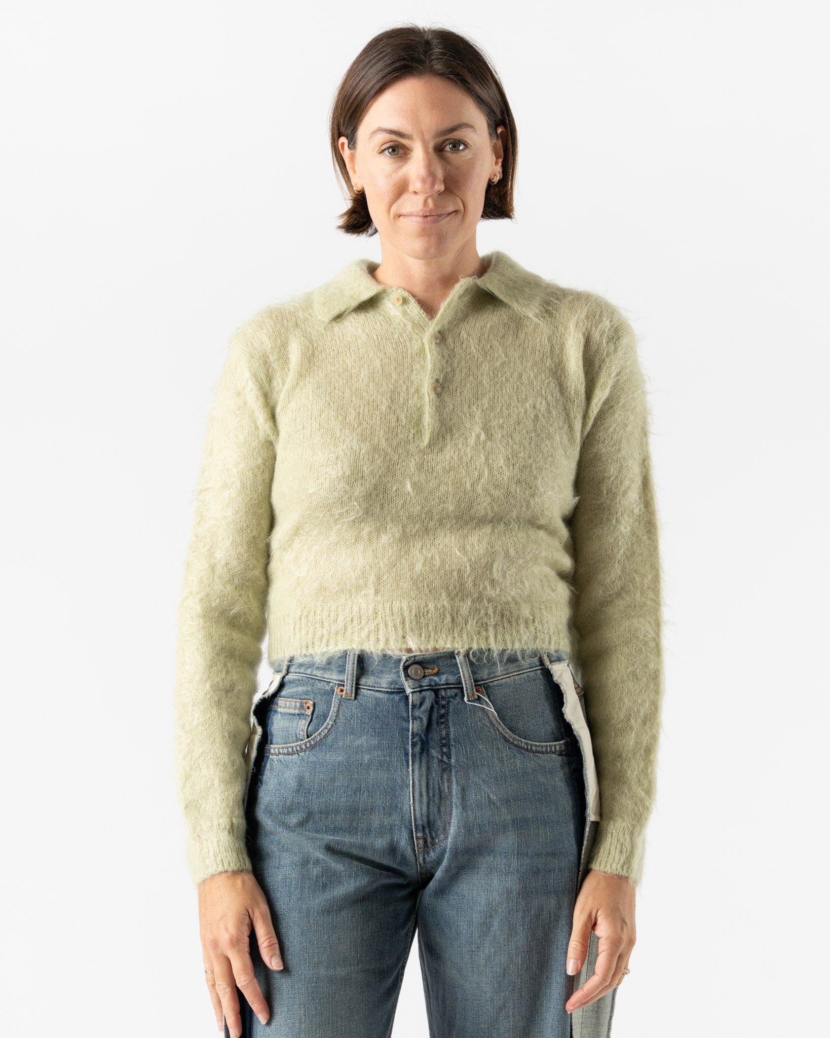 Auralee Brushed Super Kid Mohair Knit Polo in Light Khaki Curated