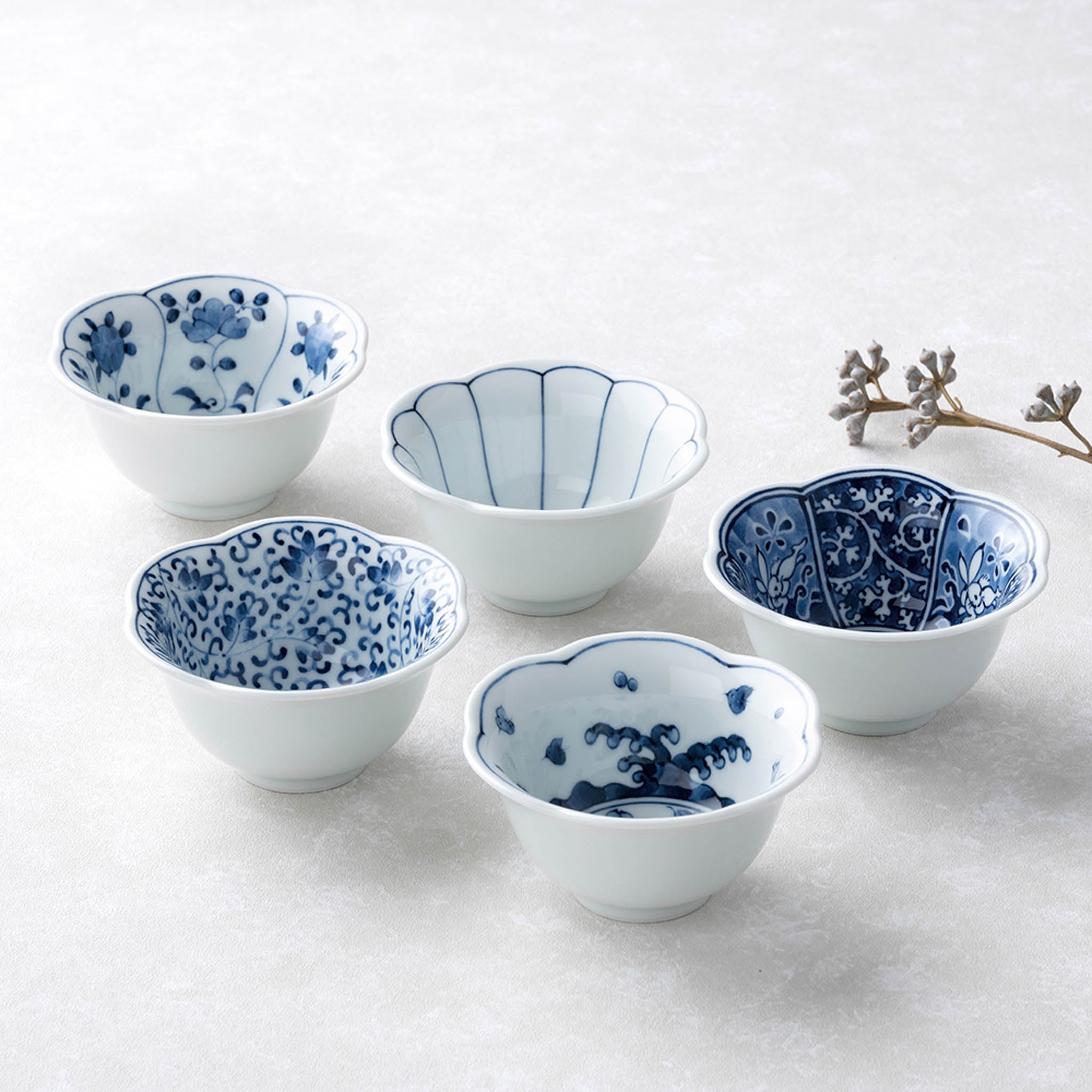 波佐見焼 | 藍文様 花型小付 5柄セット | ブルー | 西海