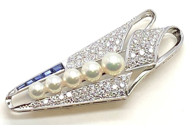 MIKIMOTO【ミキモト】 Pt900アコヤパール ダイヤ サファイヤ帯留 (NO