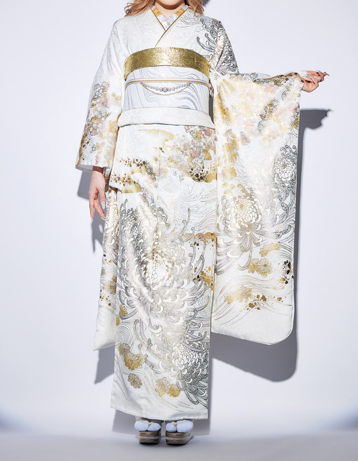 振袖 レンタル フルセット 白地 金銀 菊 成人式 結婚式 着物 適応身長