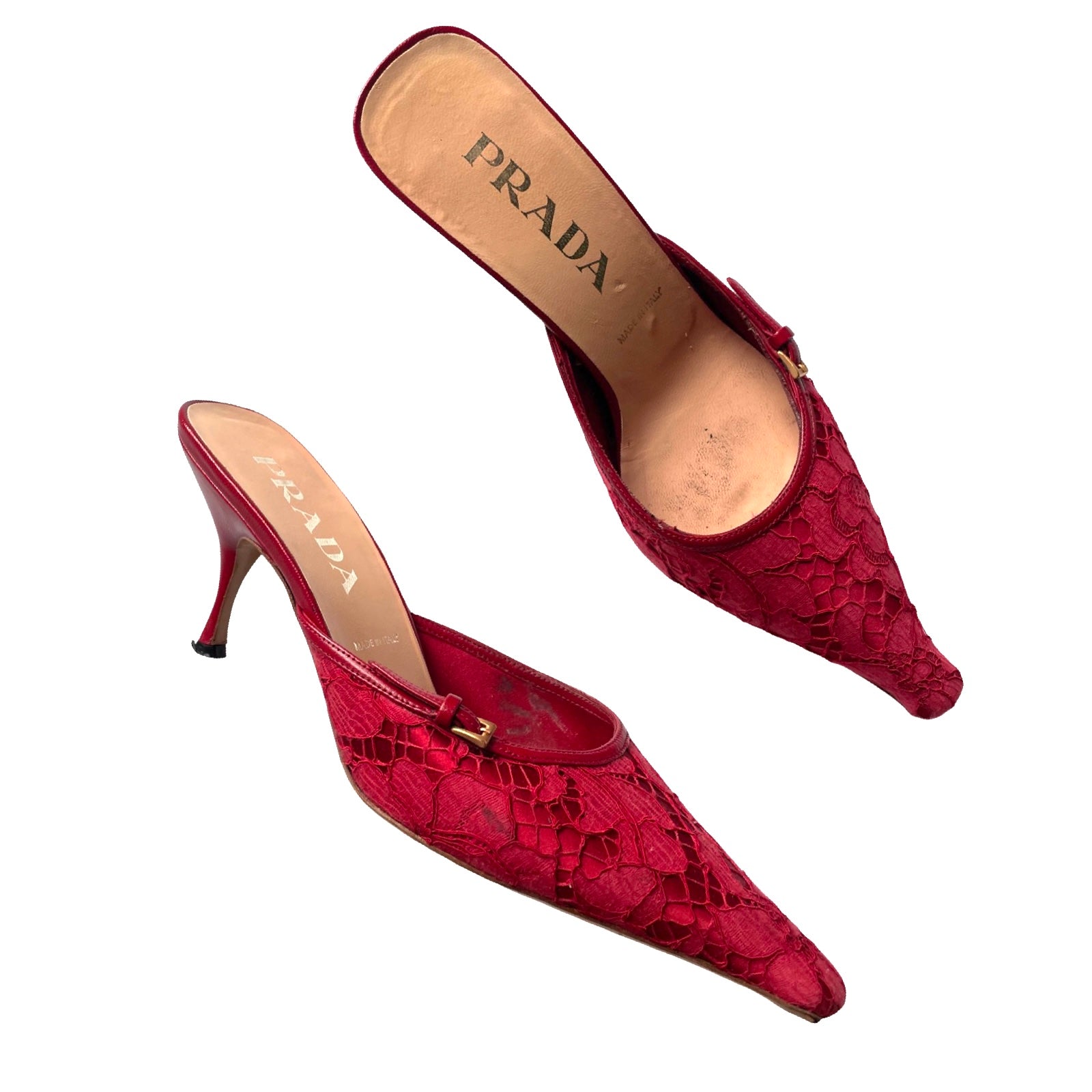 Prada red lace kitten heel mules 38 - Lanabu