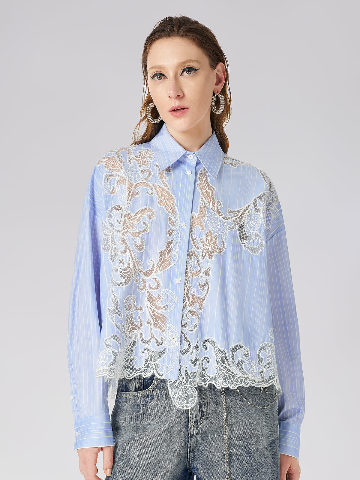 Women's Hollow Embroidered Shirt In Blue Striped Lace Positioned