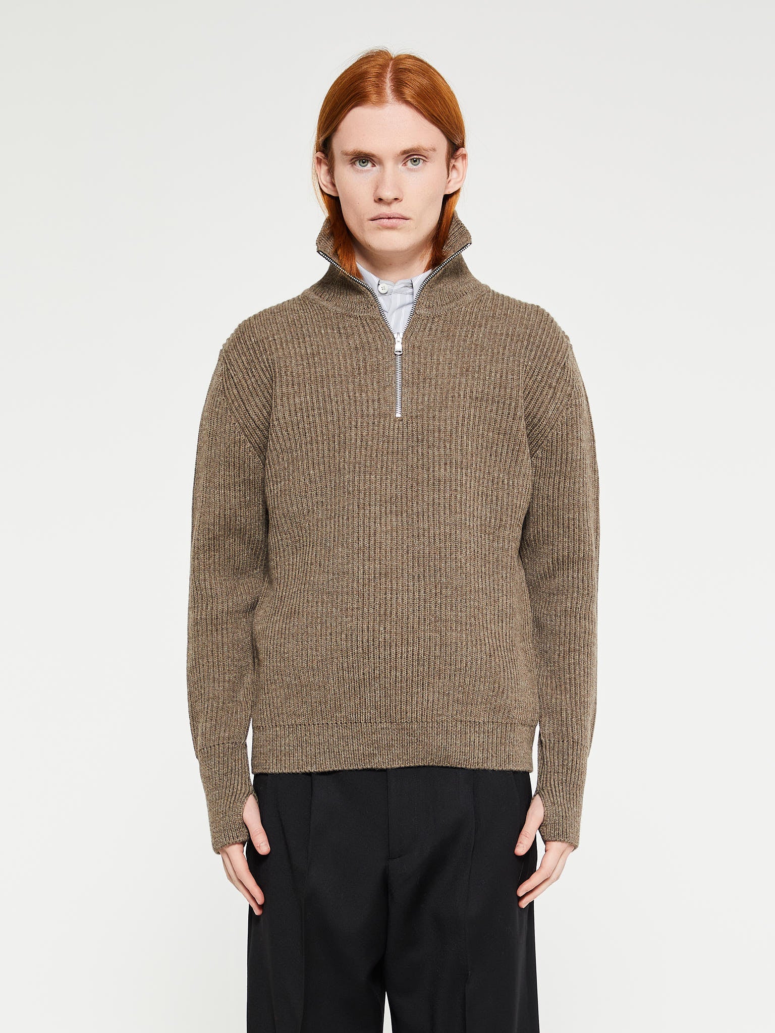 Andersen-Andersen - Navy Half Zip Knitwear in Natural Taupe – Stoy