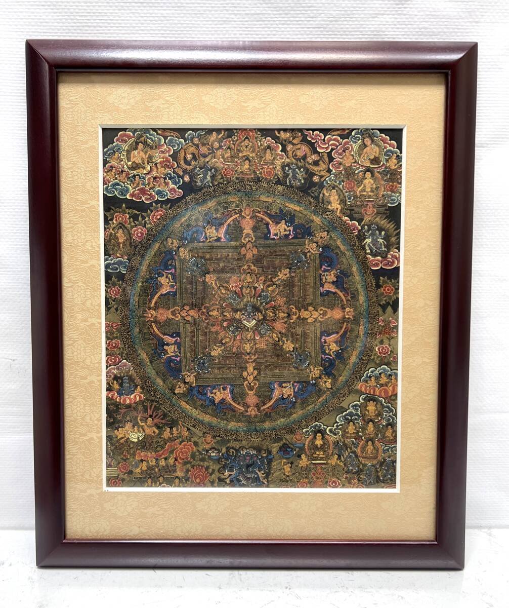 中国 肉筆 曼荼羅 タンカ 額縁付き 外寸395×470mm 色絵金彩 仏画 仏教