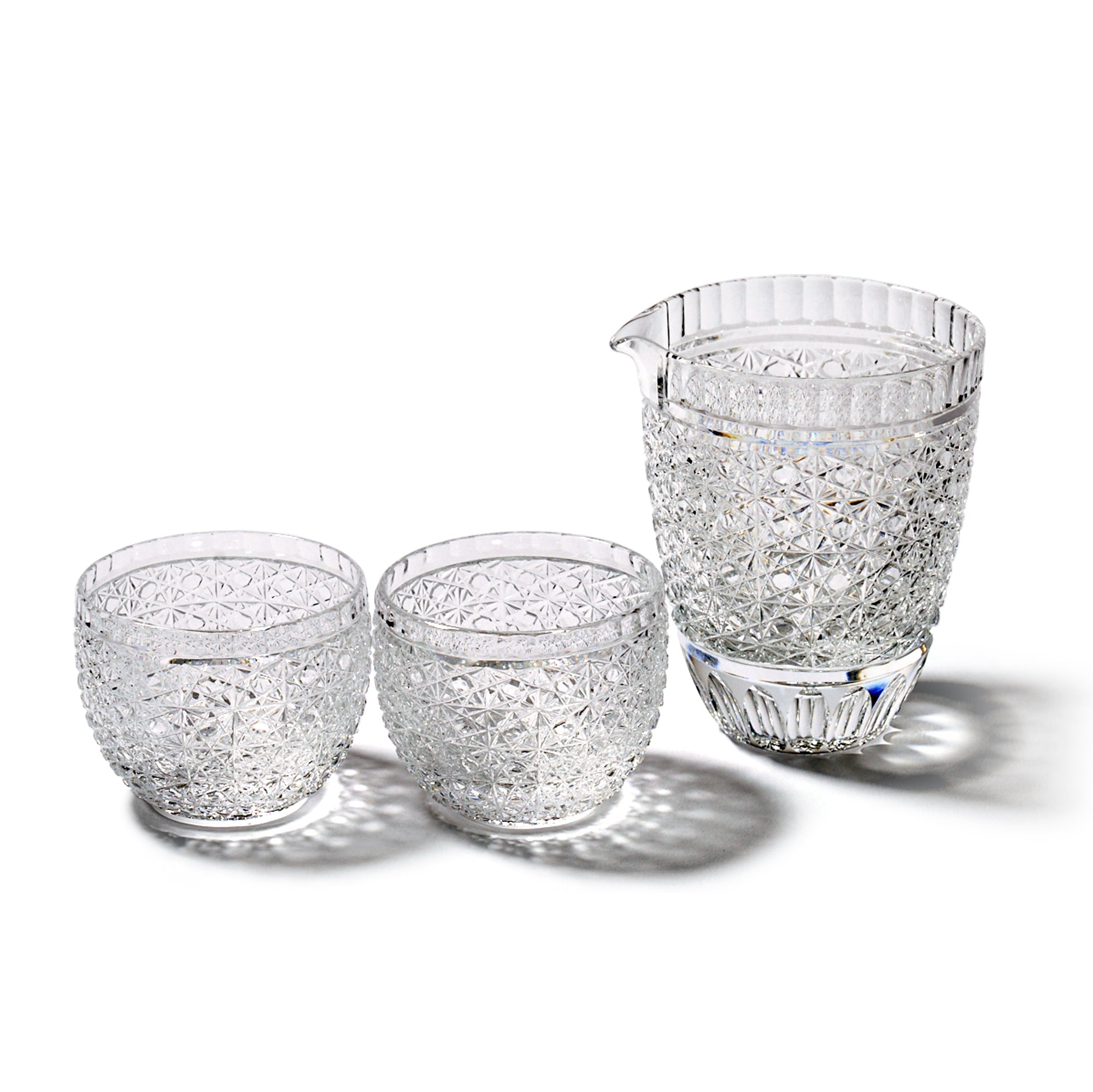 江戸切子 伝統工芸士 木村泰典 作 菊籠目紋 酒器三点揃 透き ｜江戸