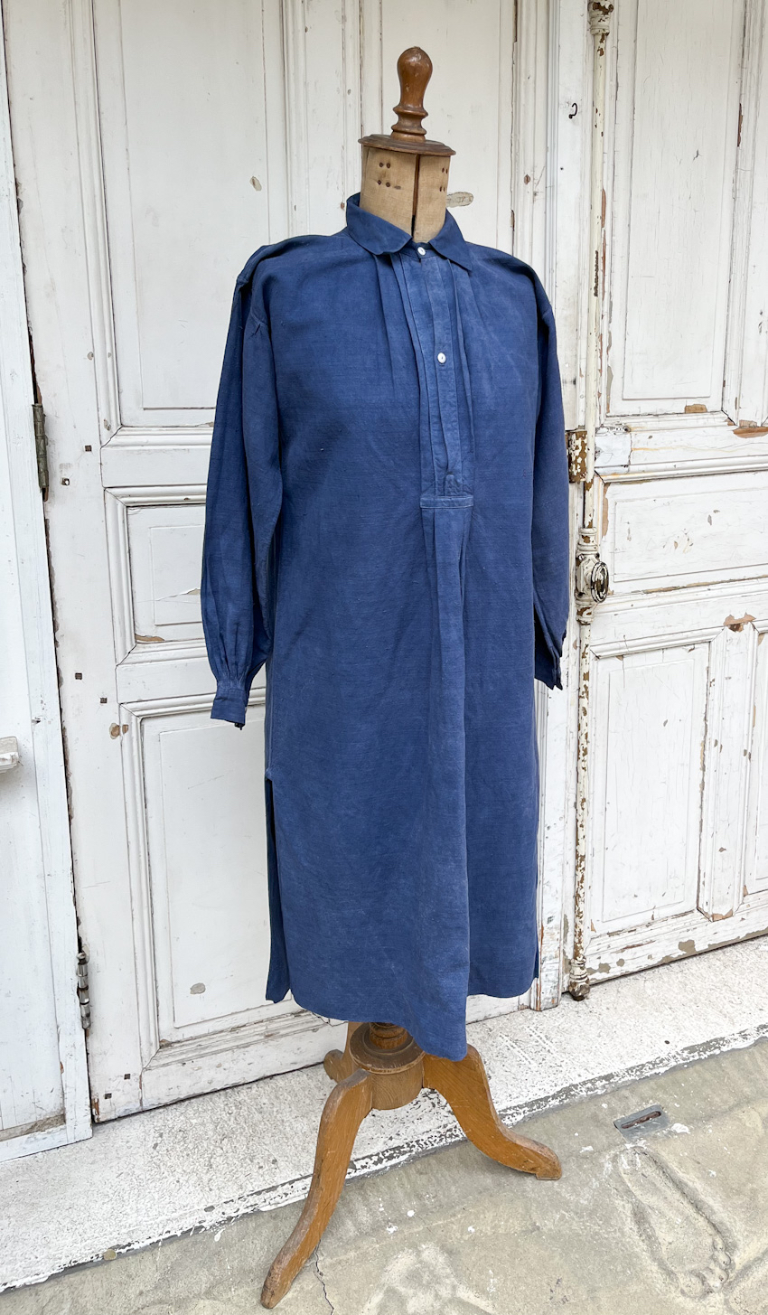 フランスアンティークホームスパンリネンインディゴ後染めワンピース