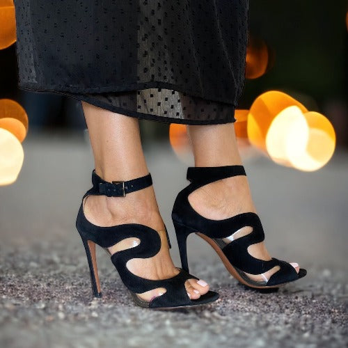 ALAIA Black Suede And PVC Wave Cut Out Sandals, Size 37.5 – I Pick
