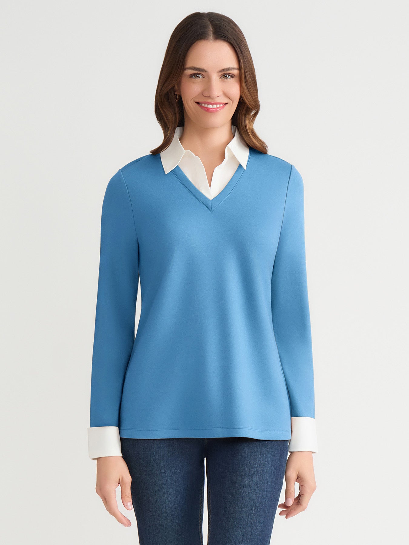 V-Neck Twofer, Serenity Knit Poplin