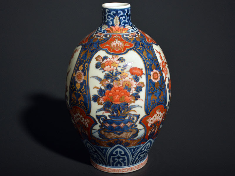 献上手古伊万里焼】花瓶 染錦本金花籠夫婦鶴図