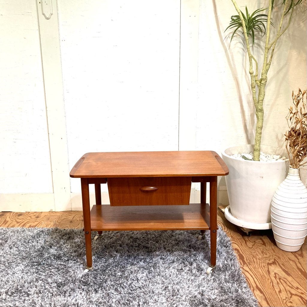 ソーイングテーブル サイドテーブル チーク材 北欧 収納 棚 キャスター