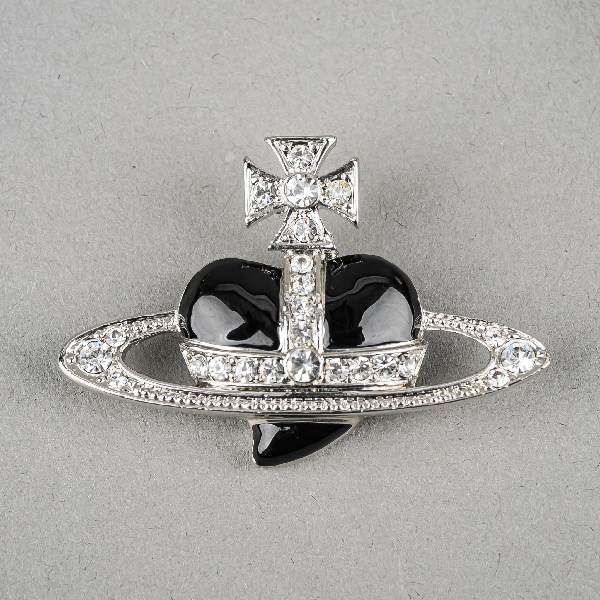 VIVIENNE WESTWOOD Silver Tone CZ Black Enamel Orb Brooch - Around