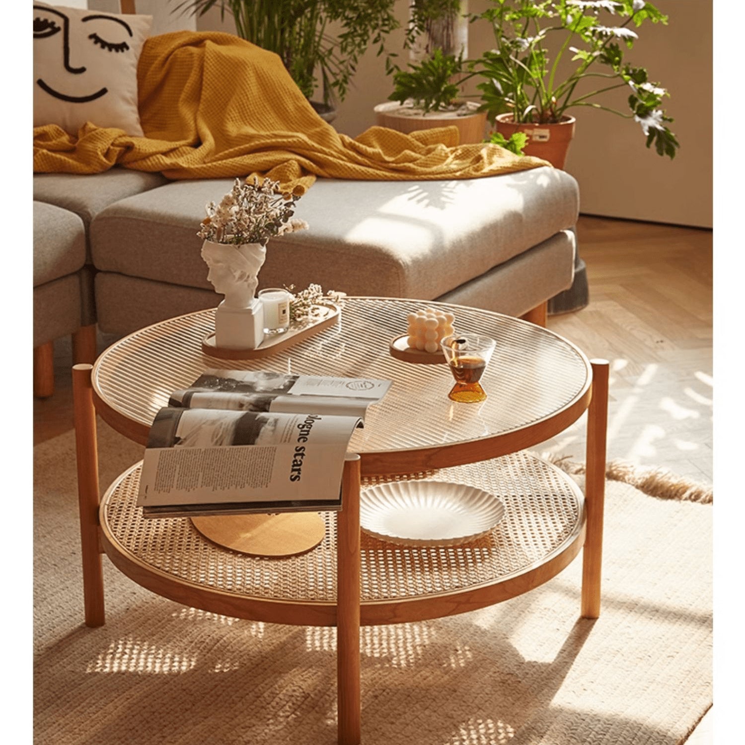 ラタン ガラステーブル 円形 サイドテーブル ガラスサイドテーブル