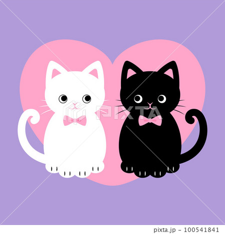 並んでいる白猫と黒猫とハートの背景イラストのイラスト素材