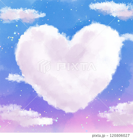 マジックアワーの空に浮かぶハートの雲の正方形イラストのイラスト素材