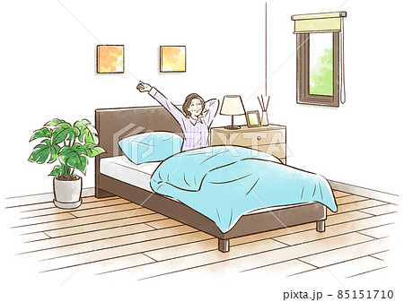 青緑のベッドで目を覚ます中年女性（朝）のイラスト素材 [85151710