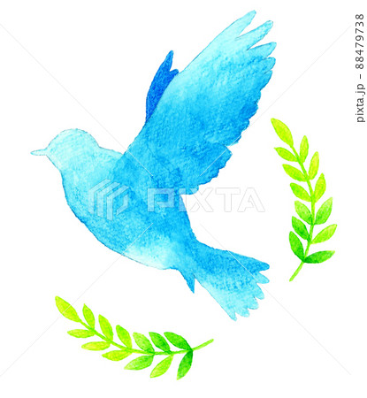 飛ぶ鳥と植物のシルエット（単品） 羽ばたく鳥の手描き水彩イラスト