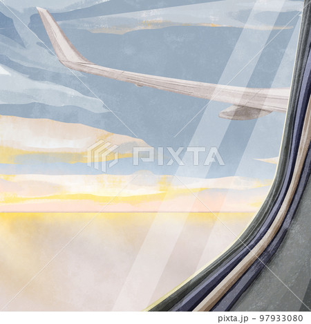 飛行機の窓から見る景色手描き水彩風イラストのイラスト素材 [97933080