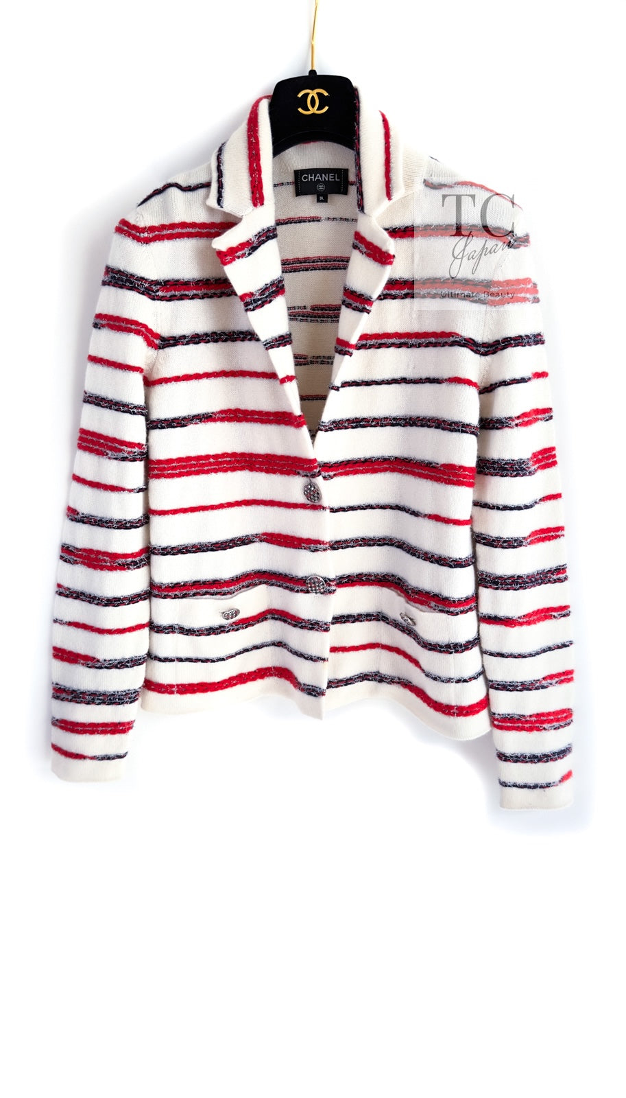 シャネル アイボリー レッド ボーダー カシミア ニット ジャケット