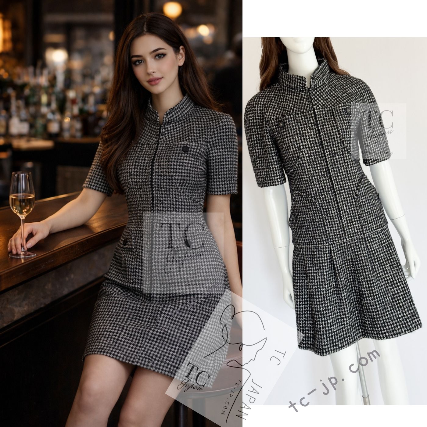 シャネル ワンピース CHANEL ブラック ホワイト ウール シルク