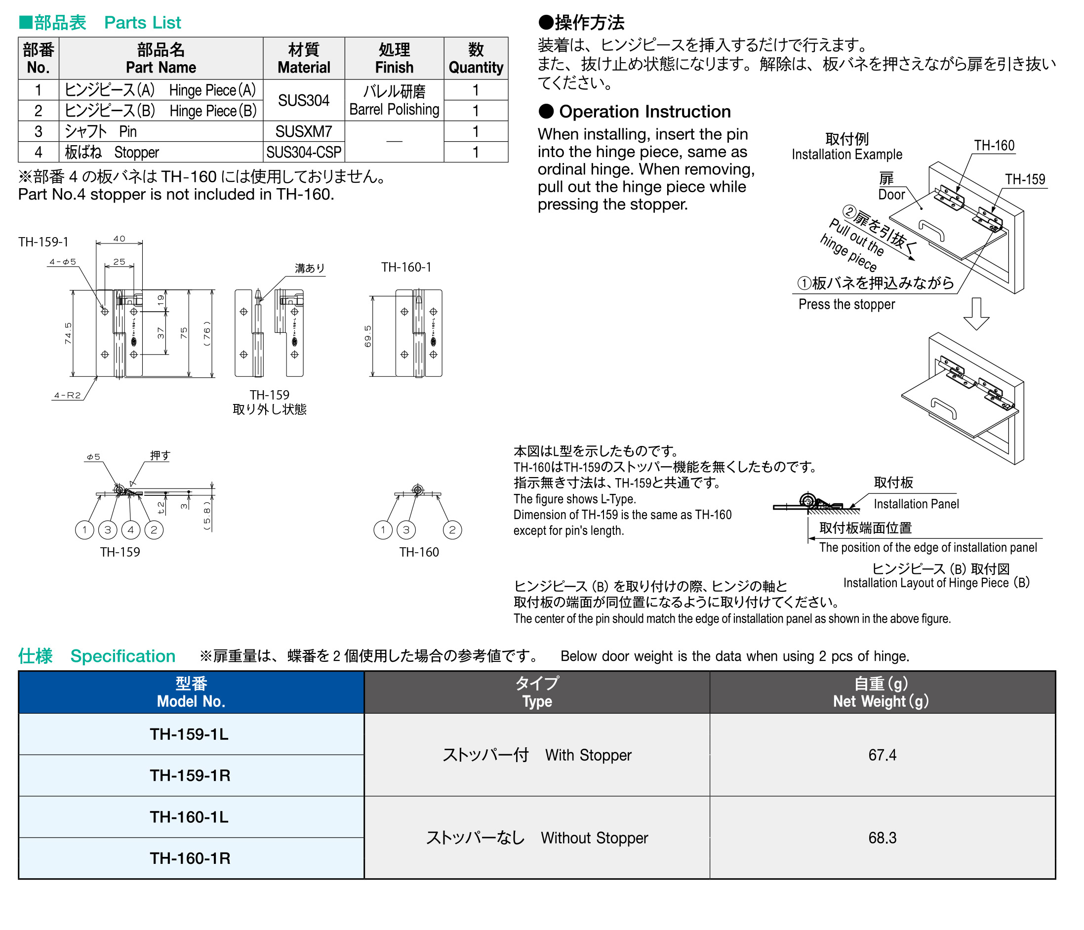 栃木屋EC_抜差蝶番（ストッパーなし）: ヒンジ