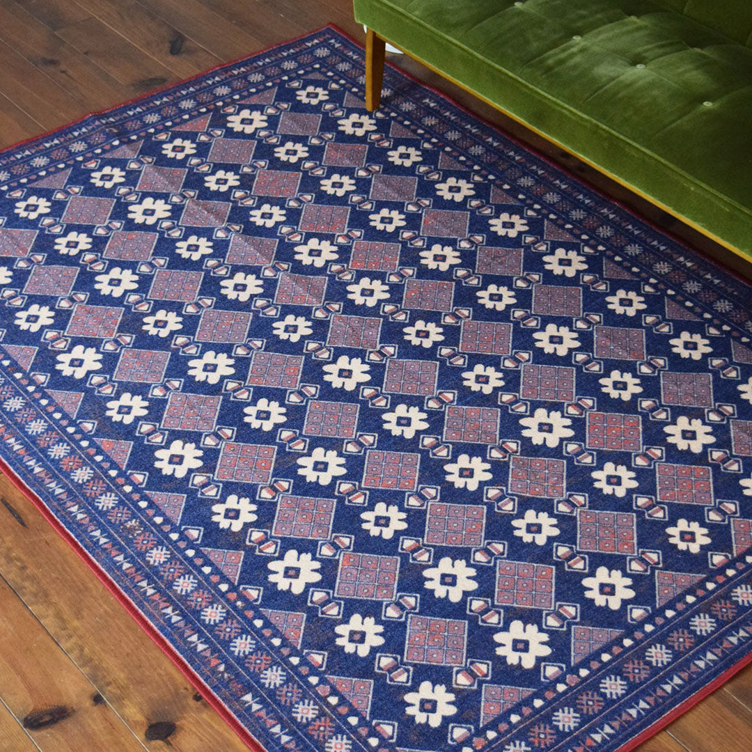 ヴィンテージ風ラグ TOCORU Series バルーチ フラワー ループ ネイビー