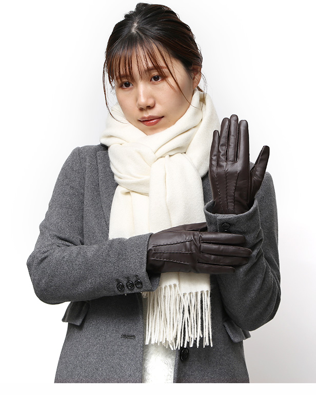 東京ヒマワリ / 佐々木手袋 レディース 牛革 三本山革手袋 ダークブラウン