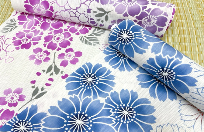 注染浴衣生地 綿麻 菊花に蝶 生地販売なら都香庵