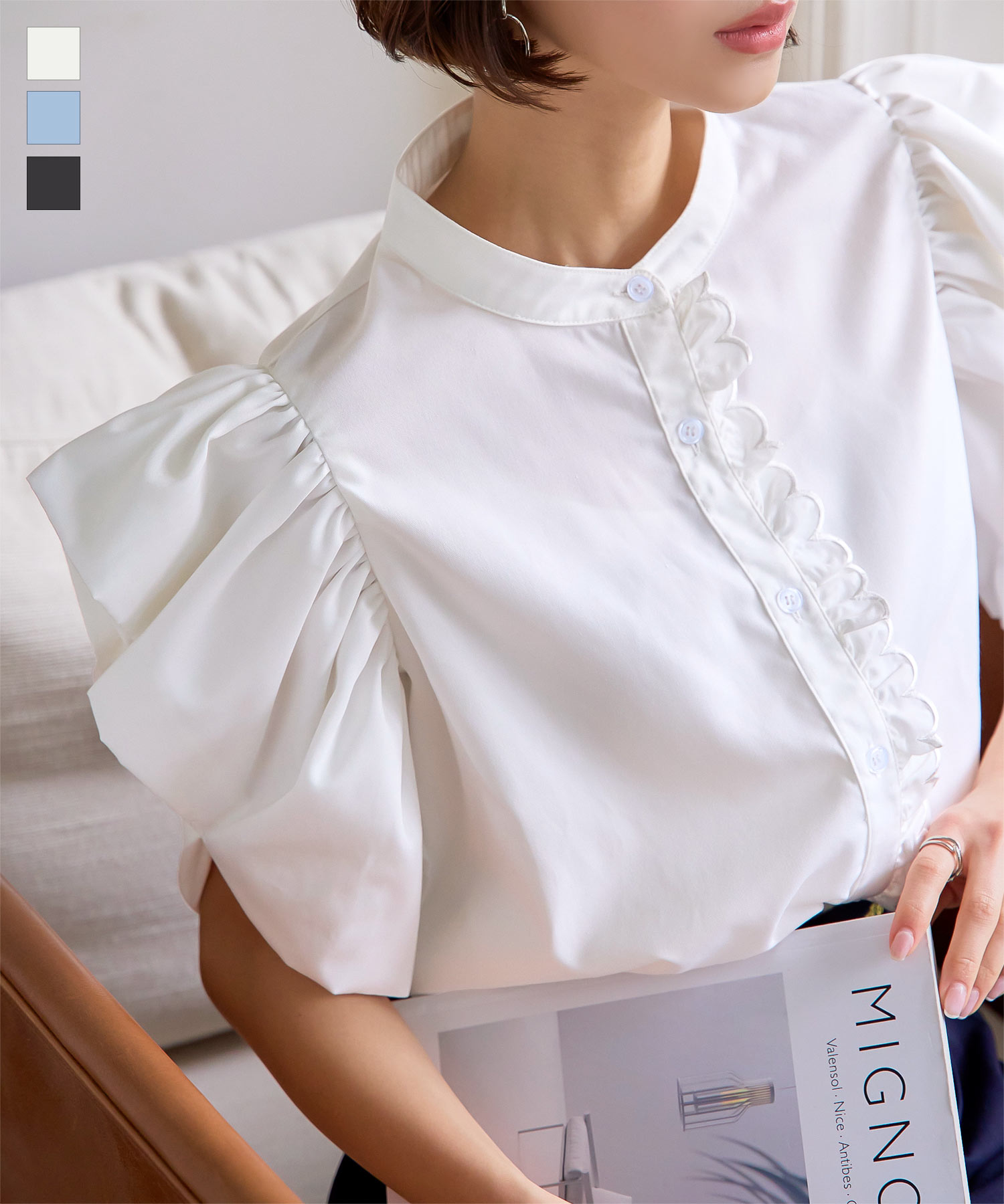 楽天市場】スカラップ デザイン ボリュームスリーブ ブラウス [C7374