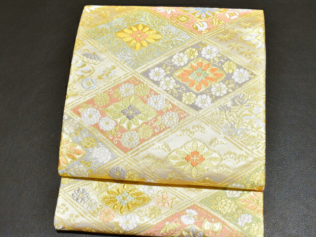 楽天市場】薄金地 西陣織 藤原謹製 正絹 高級袋帯 錦繍菊菱文【お仕立