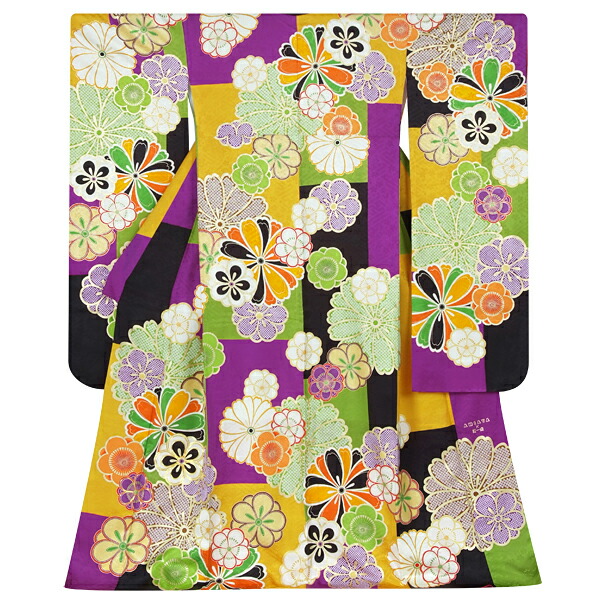 楽天市場】【成人式 振袖 レンタル】RS1561 正絹 黒×紫×金茶×黄緑 菊梅