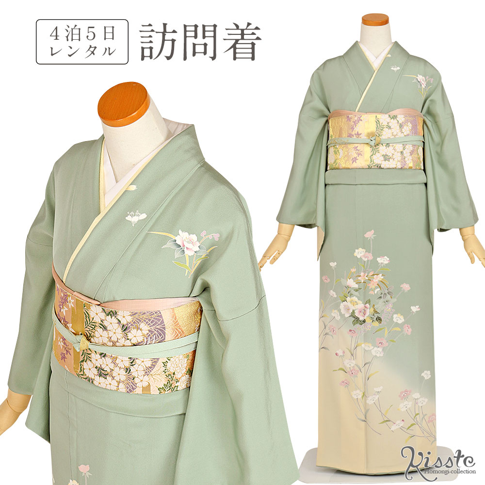 楽天市場】訪問着 レンタル フルセット ＜若草色×洋花・花丸文＞ 往復