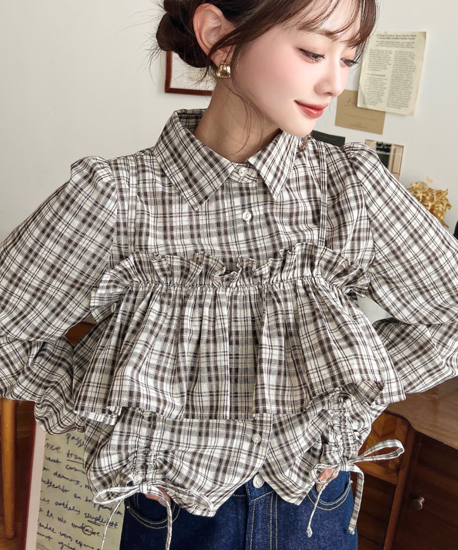 moment+｜フリルビスチェセット裾ドロストリボン長袖チェックシャツ