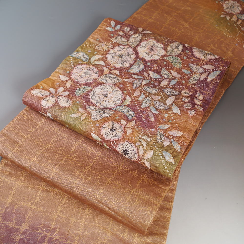 楽天市場】袋帯 辻が花模様 金通し 膨れ織 お太鼓柄 山吹茶色 【送料