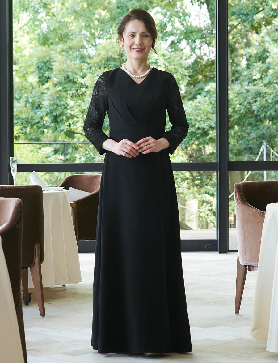 結婚式 母親ドレス ブラック・マザーズドレス レース袖付き MD0504-BK