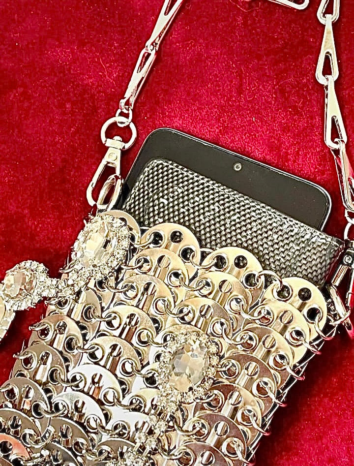 Micro Metal Phone Holder Bag Removable Crystal Brooches Style Paco