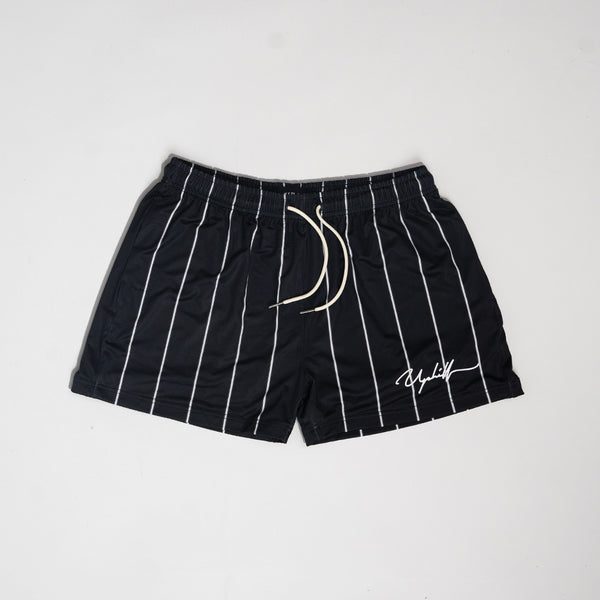 UPHILLBATTLE | Black & White Pin Strip Mesh Shorts