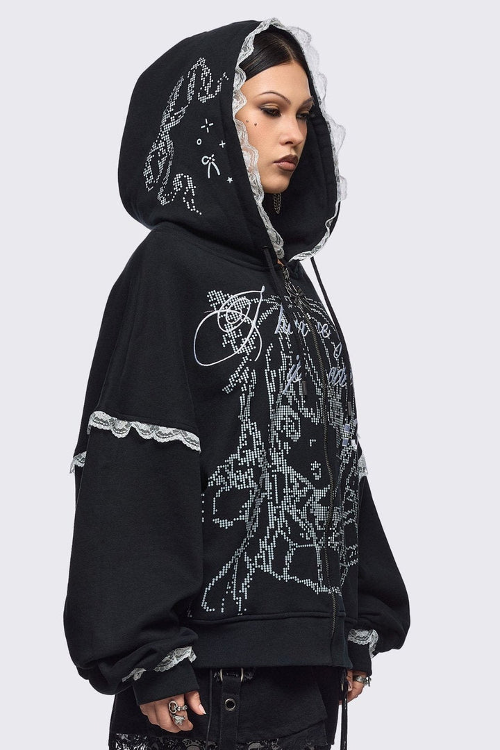 Anime Girl ASCII Graphic Zip Up Hoodie in Black | Minga London