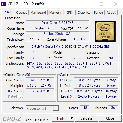 Intel Core i9 9980XE @ 6859.2 MHz - CPU-Z VALIDATOR