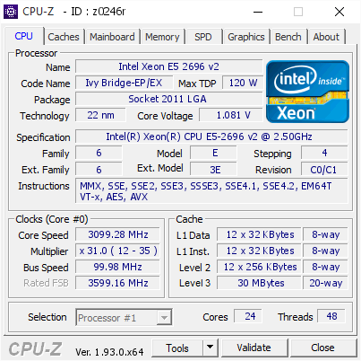 Intel Xeon E5 2696 v2 @ 3099.28 MHz - CPU-Z VALIDATOR