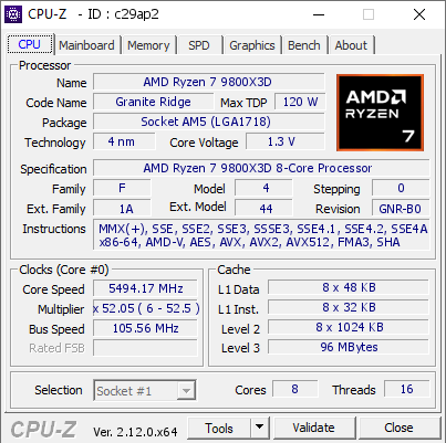 AMD Ryzen 7 9800X3D @ 5494.17 MHz - CPU-Z VALIDATOR