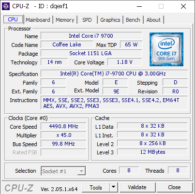 Intel Core i7 9700 @ 4490.8 MHz - CPU-Z VALIDATOR