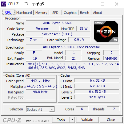 AMD Ryzen 5 5600 @ 4421.1 MHz - CPU-Z VALIDATOR